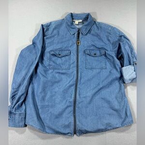 Michael by Michael Kors Chambray Zip-Front Button Pocket Shirt Jacket - Blue